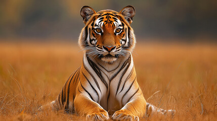  Portrait of tiger sitting on field,Bandhavgarh Tiger Reserve,India