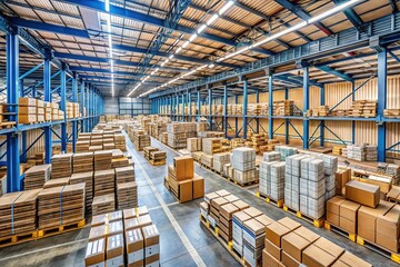 Industrial space filled with rows of neatly stacked cardboard boxes, crisscross networks of shipping pallets, and containers awaiting global transport.