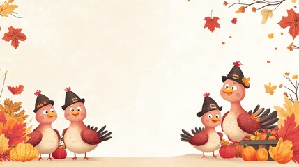 A cheerful autumn scene featuring cute birds in festive hats, surrounded by colorful leaves and pumpkins, perfect for seasonal designs.