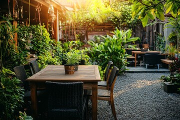 Wall Mural - A cafe with black chairs and round tables, an outdoor zone in Thailand.