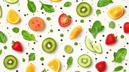 Wall Mural - A pattern of a variety of fruits and vegetables on white background, AI