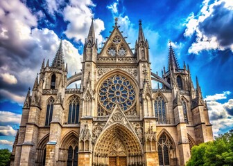 Magnificent Gothic-style cathedral with intricate stone carvings, stained glass windows, and towering spires, set against a serene blue sky with fluffy white clouds.