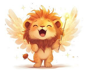 Magical Winged Lion, an adorable cartoon lion with fluffy wings and a sparkling wand, radiates joy and enchantment in a whimsical, bright atmosphere.