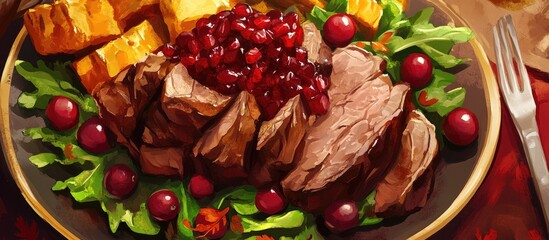 Warm salad featuring roasted beef and cranberry sauce