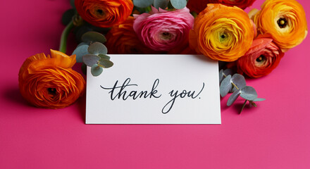 Bouquet of colorful flowers with thank you note on pink background