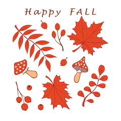 Wall Mural - Happy fall. Set of vector bright red hand drawn twigs, berries, Fly agarics, leaves of maple, rowan in doodle flat style isolated on white background. Colors of autumn, beauty in nature
