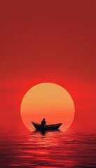 A serene sunset view with a lone boat silhouetted against a vibrant red sky, creating a peaceful atmosphere of solitude.