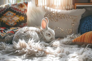 adorable pet bunny on fluffy blanket on sofa with pillows