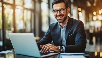 Poster - Smiling Businessman Working On Laptop In Cafe. Happy Entrepreneur In Modern Office Space.