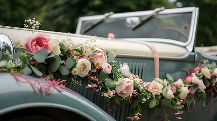 Floral decorated wedding car