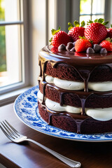 Poster - Layered chocolate cake with strawberries on a plate by the kitchen window