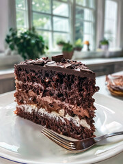 Poster - Layered chocolate cake on a plate against a kitchen window