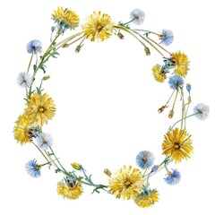 Wall Mural - Watercolor Dandelion Wreath: Yellow Floral Frame for Spring Design