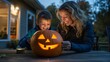 © PhotoVibe - As the sun sets, the mother and son sit at the backyard table, carving a Halloween pumpkin. Laughter fills the air as they transform the orange gourd into a grinning jack-o'-lantern.