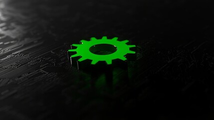 This is a green Configure Technology Concept with a neon cog symbol on a black background and a high tech floor.