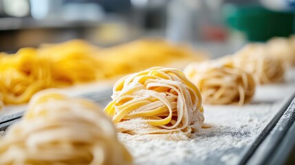 Close-up view of handmade fresh pasta nests displayed in a professional kitchen setting, showcasing the texture and preparation of traditional Italian cuisine.