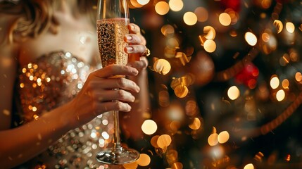 A woman with a glass of champagne in her hand in an elegant dress 