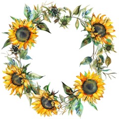 Wall Mural - Bright Sunflower Wreath on White Background. Vibrant Summer Floral Design