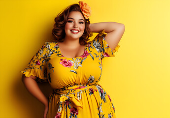 happy, cheerful, full of energy brunette woman in yellow dress isolated on yellow background; studio photo easy to resize; copy space