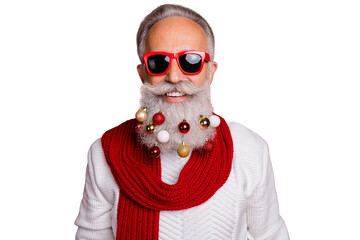 Portrait of cheerful pensioner in eyewear eyeglasses smiling wearing white sweater isolated over red background