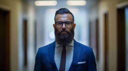 Wall Mural - Bearded Man in a Blue Suit and Glasses Standing in a Hallway