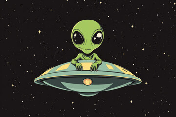 Wall Mural - Illustration of green alien inside spaceship in shape of flying saucer navigating through outer space. Alien piloting UFO. Extraterrestrial life and interstellar travel