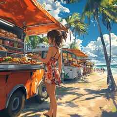 Sticker - Young woman in a floral dress buying food from a street vendor on a tropical beach.