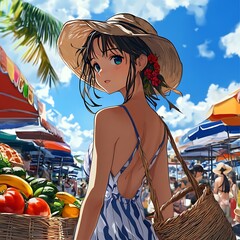 Canvas Print - Anime Girl Shopping at a Tropical Market.