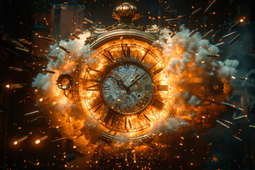 The urgency of time running out is vividly portrayed as the clock explodes, shattering into pieces with breaking glass, revealing its inner workings engulfed in dust, smoke, and fire.