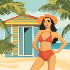 Sticker - Woman in a red bikini on a tropical beach with a beach hut.