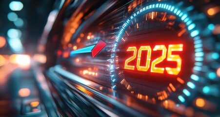 Poster - Close-up of futuristic speedometer with a red arrow highlighting year 2025 in bright neon lights and abstract background