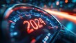 © Georgii - Close-up of a futuristic speedometer displaying the year 2024 with dynamic lights and motion blur effects