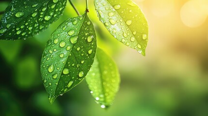 Close-up of vibrant green leaves with fresh raindrops glistening in the soft sunlight after a light rain, capturing the essence of nature's freshness.