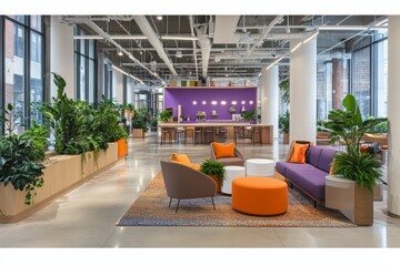 Wall Mural - Vibrant, Modern Coworking Space With Purple Accent Wall, Designer Furniture, and Abundant Greenery