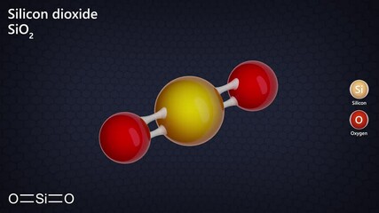 Animated 3D model of a Silicon dioxide molecule SiO2. Silicon dioxide is used in the production of glass, ceramics, abrasives, concrete products, to produce silicon. 3d rendering. Seamless loop