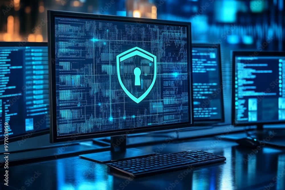 Cyber Security Lock Symbol on Computer Screen in Data Center with ...