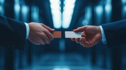 Two business professionals exchanging cards in a modern office setting, symbolizing networking and connection.