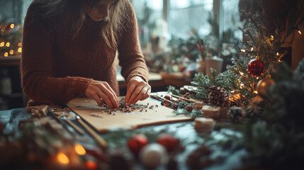 A woman carefully arranges festive decorations on a table.