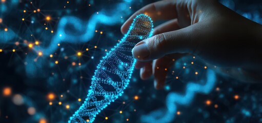 Poster - Hand holding a holographic DNA strand representing digital health and biotechnology innovations