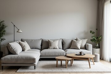 Interior of living room with grey sofa and table