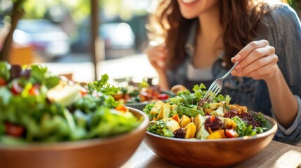 Wall Mural - A woman eating a salad in two bowls with fork and knife, AI