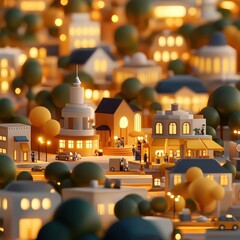 A vibrant miniature city scene illuminated at dusk, showcasing lively streets, unique architecture, and cheerful activity.