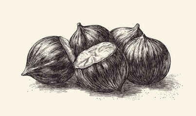 Line art illustration depicting a vintage style portrait of five edible chestnuts in a detailed drawing or engraving format