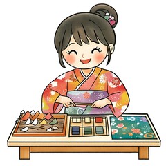 Wall Mural - Japanese woman in traditional clothing selecting fabric.