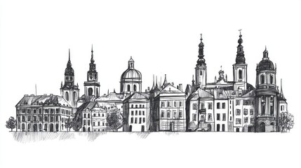 Urban sketch in black on a white background depicting historical buildings Freehand drawing designed as a travel postcard Hand drawn line art illustration