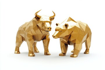 Poster - Gold origami bull and bear sculpture representing financial market trends standing side by side on a white background