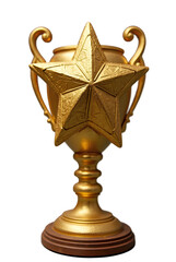 A golden trophy with a star on top, success winner prize champion taking competition victory reward, first place celebration for winning premium cup symbol ceremony transparent background png isolated