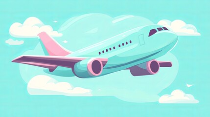 Wall Mural - cute cartoon airplane with light blue body and pink wingtips. it's flying in the sky from the side. 