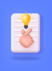 Poster - 3d light bulb. cartoon plastic icon. idea creative business brainstorm symbol, glowing lightbulb. 3d