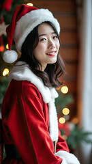 asian young beautiful girl smiling in santa costume indoors festive lights background christmas xmas celebration vertical photo